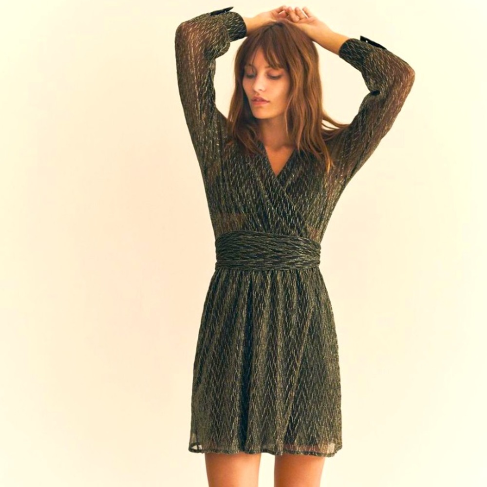 NWT Momonì Metallic Lurex Wrap Mini Dress Black Gold Sz 2